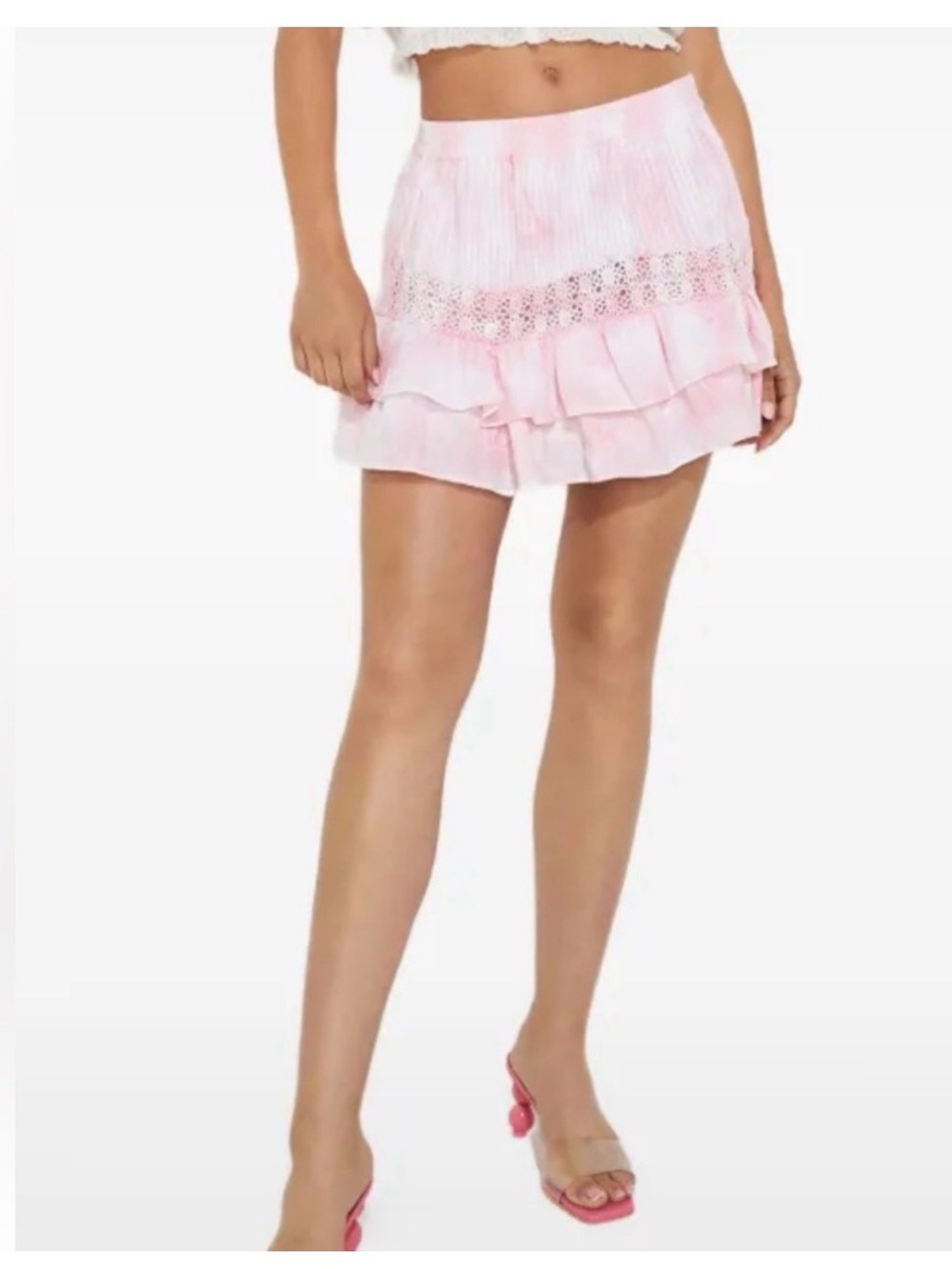 Loveshackfancy XL tie dye pink mini skirt - crochet detail with tiered ruffles.